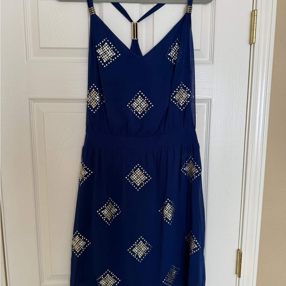 White House Black Market Blue Dress with Studded Accents